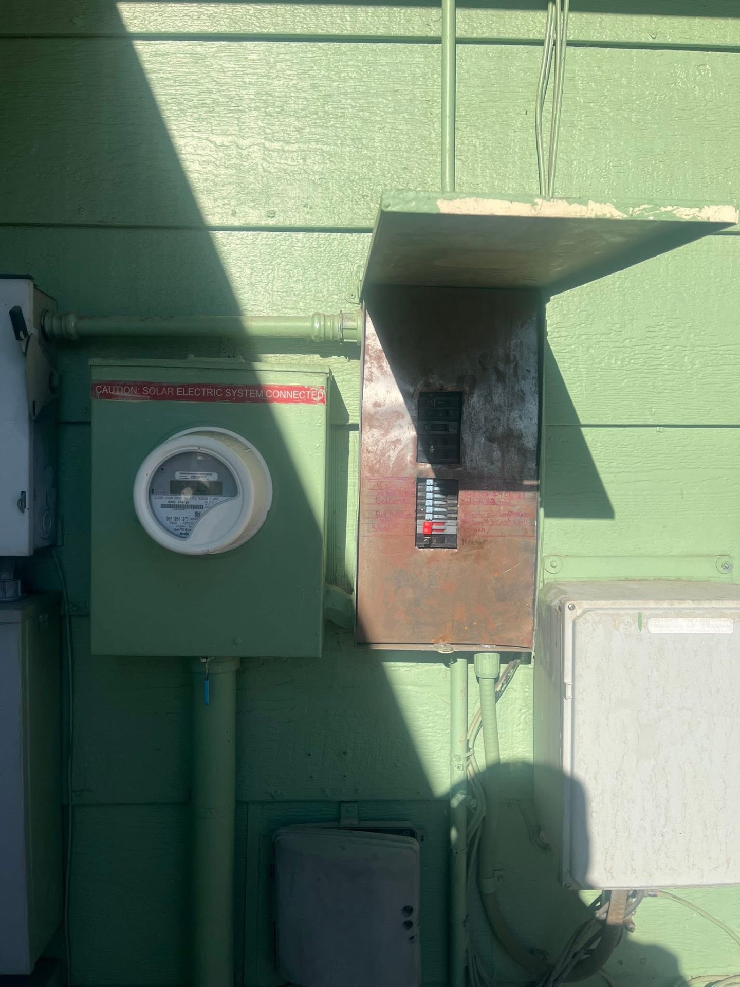 Before: rusted exterior panel with handwritten labels beside a solar meter